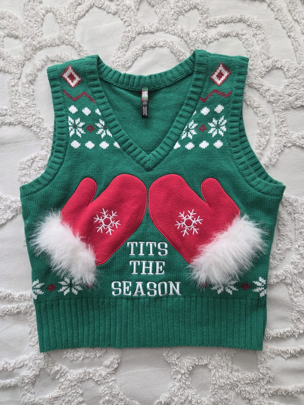Spencer's Green Sweater Vest with Red Mitten Appliqués